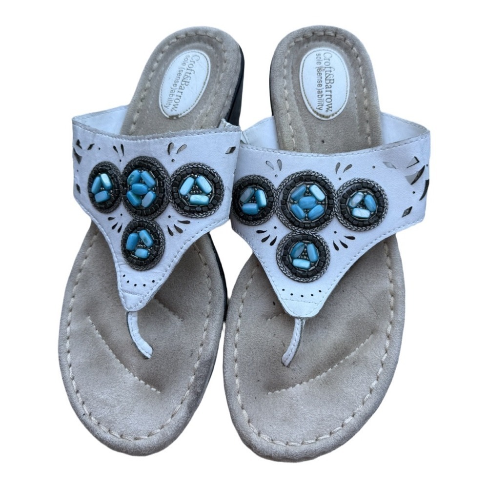 Croft & Barrow Faux Leather White Turquoise Western Style Wedge Sandals 9.5